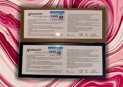 Aunick filler set boxes featuring Neaman's Volume and Deep with product descriptions and application details