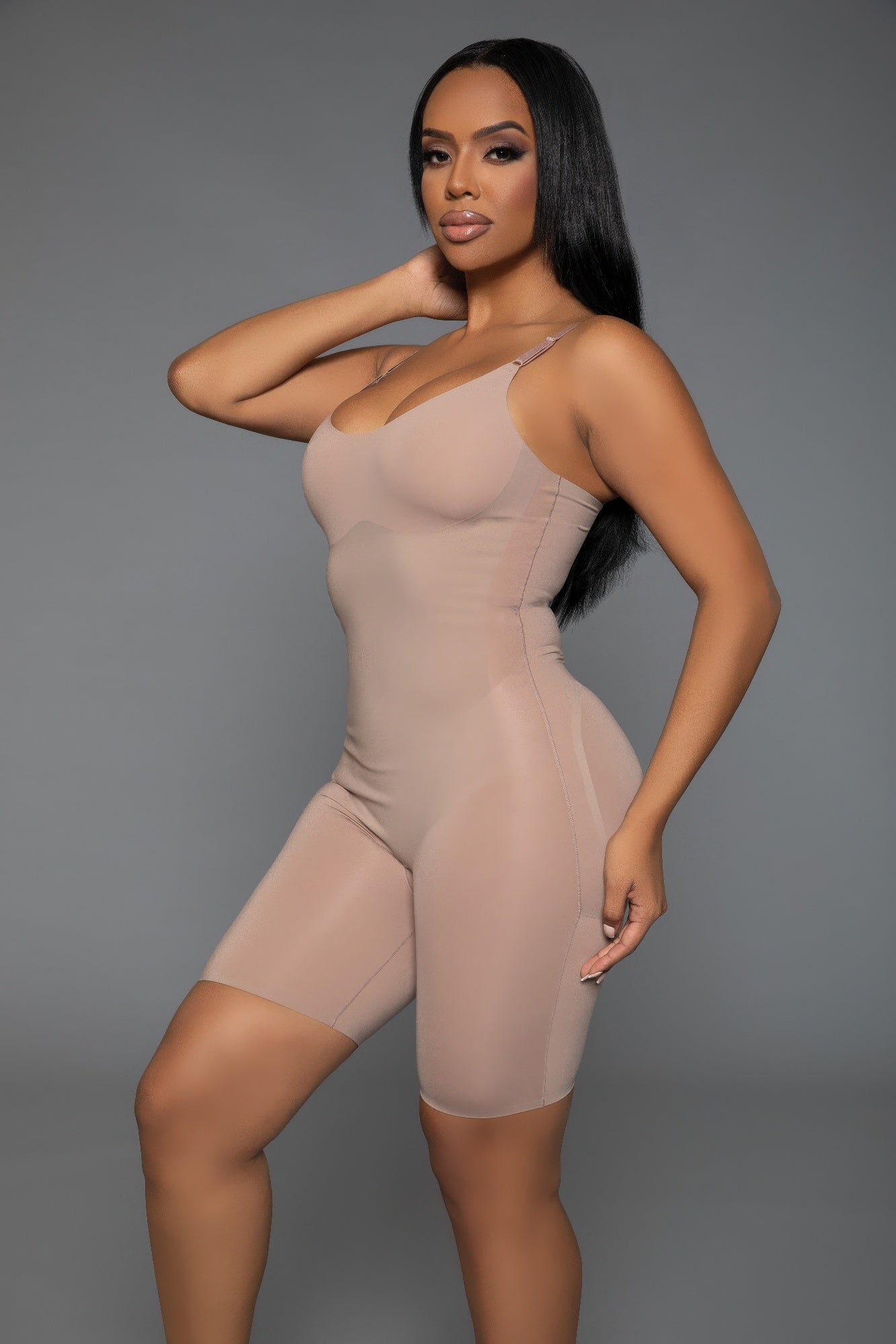 Think Posh body shaper for women in nude color, enhancing silhouette with adjustable straps
