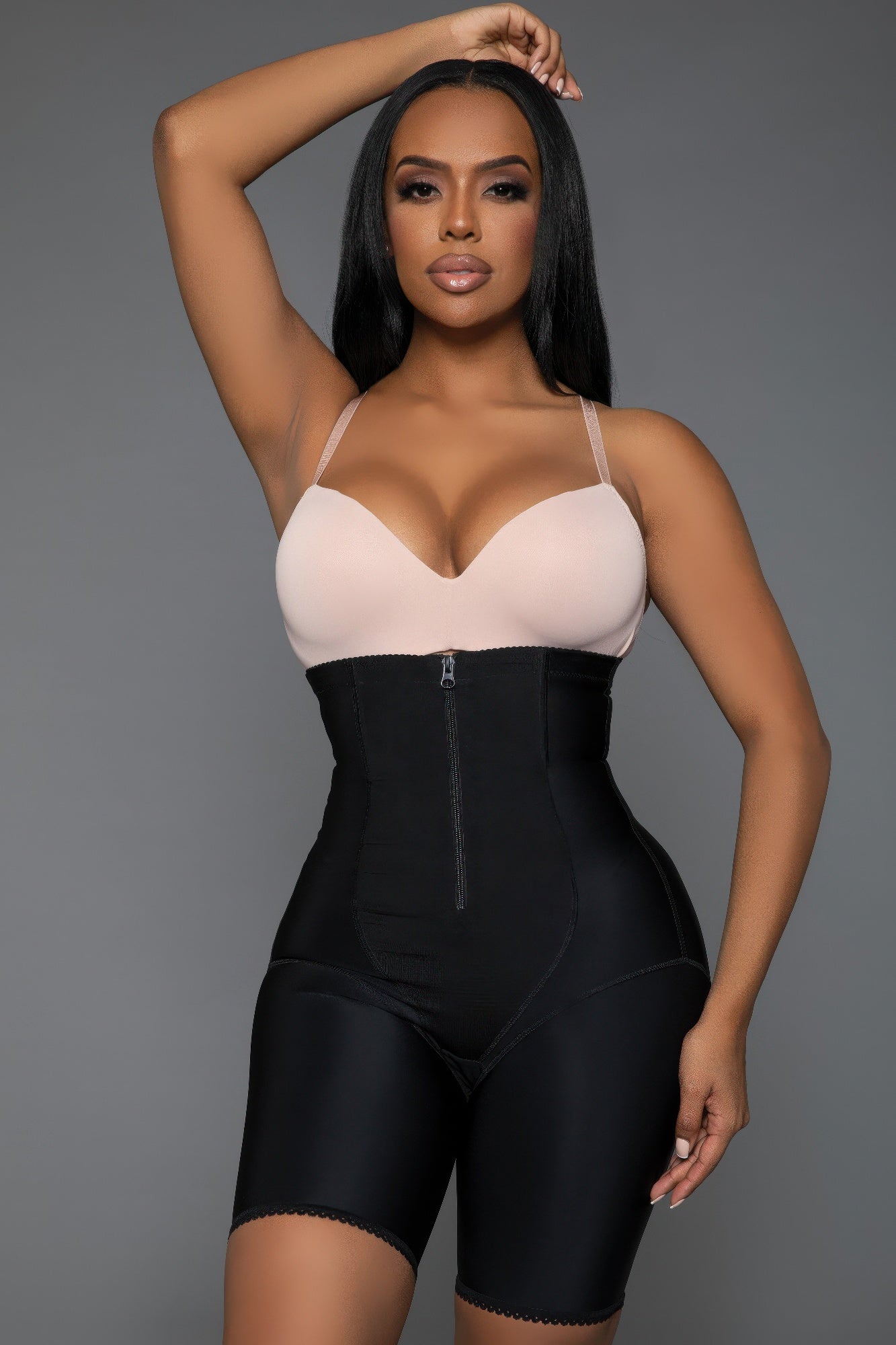 Curve-enhancing shapewear bodysuit with adjustable straps and zipper for a smooth silhouette
