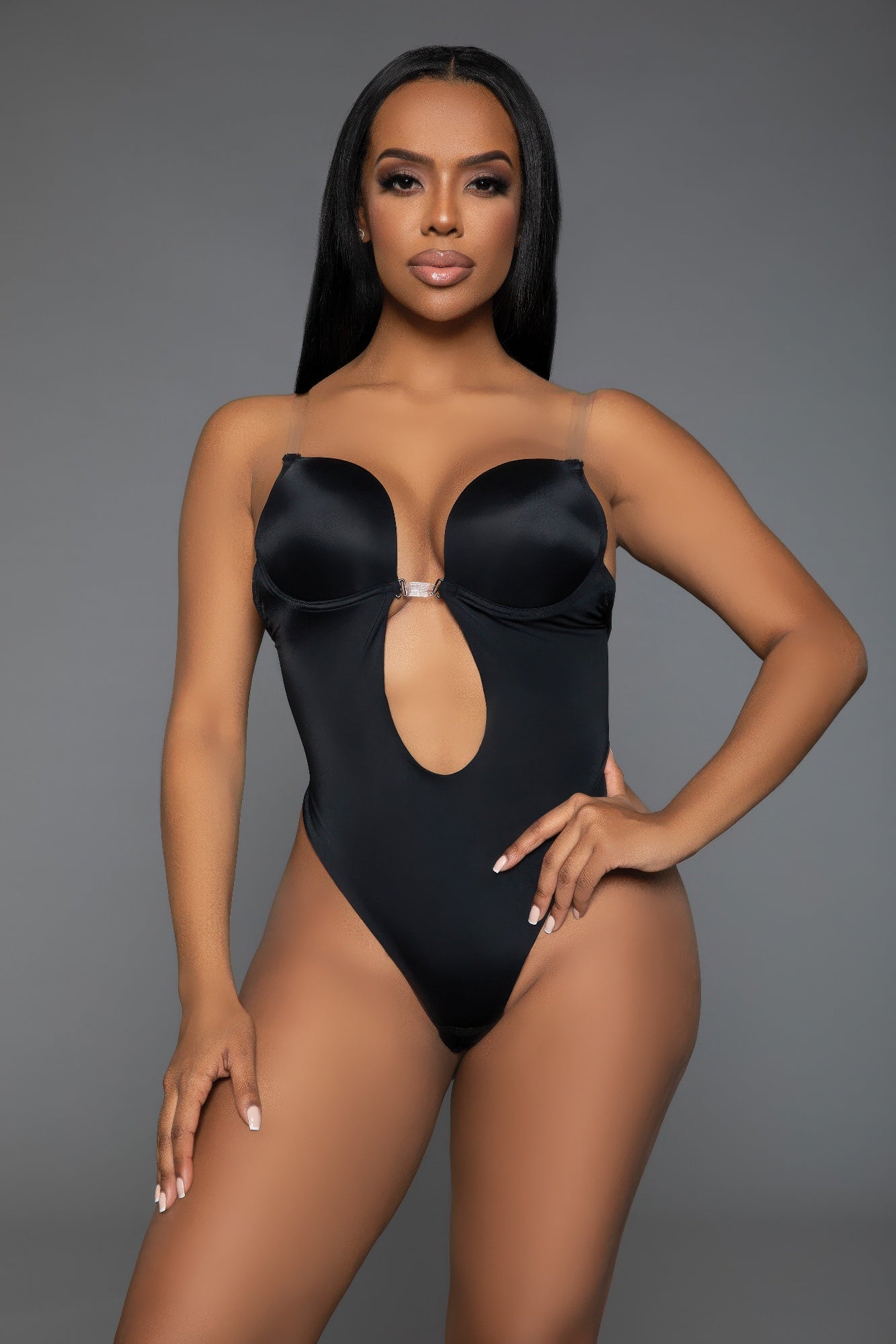 Black Curvy Bodysuit Shaper with Plunge Neckline and Adjustable Straps for a Sleek Silhouette