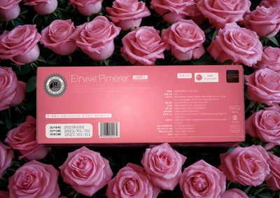 Elinvie Pimere skincare product box surrounded by pink roses for a luxurious presentation