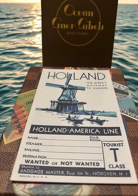 Louis Vuitton postcard set featuring a vintage design of Holland-America Line travel memorabilia