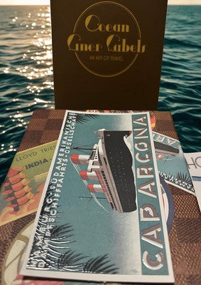 Louis Vuitton postcard set featuring vintage cruise ship design and coastal illustrations