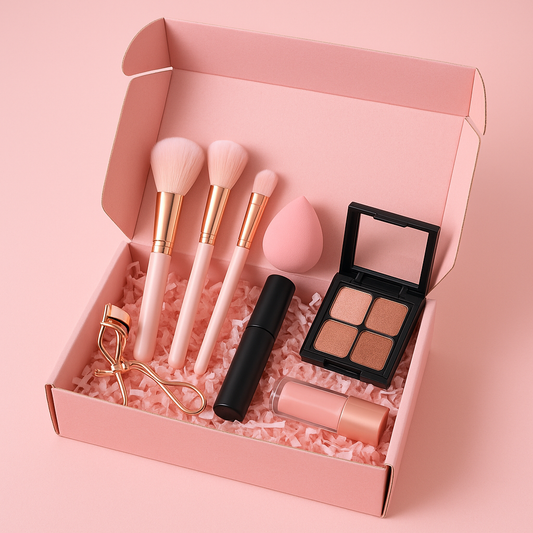 Think Posh monthly beauty box subscription with pink makeup brushes, eyeshadow, and cosmetics