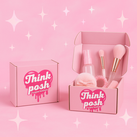 Think Posh brand box featuring beauty tools and products in a pink box with stylish design
