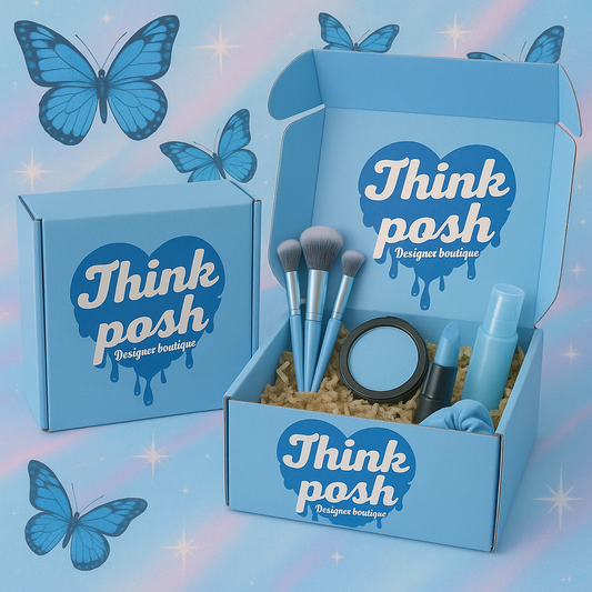 Think Posh Pastel Blue Subscription goodies box featuring makeup brushes and beauty products in a stylish presentation