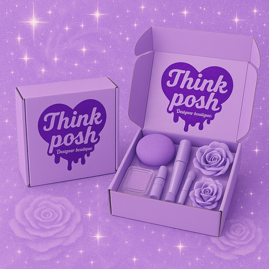 Think Posh’s pastel purple subscription box filled with beauty products including tools and accessories
